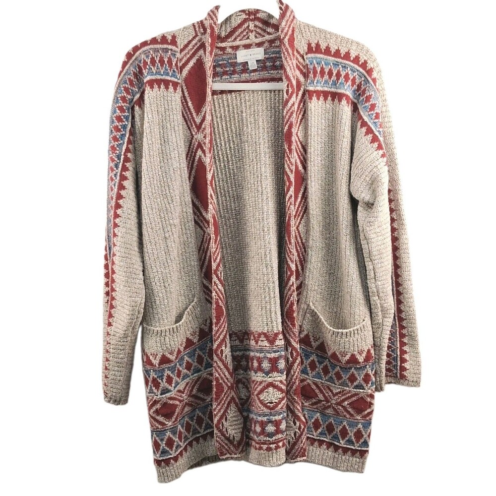 Lucky Brand Sweater Women's L Oatmeal Tan Red Aztec Long Line Knit Cardigan